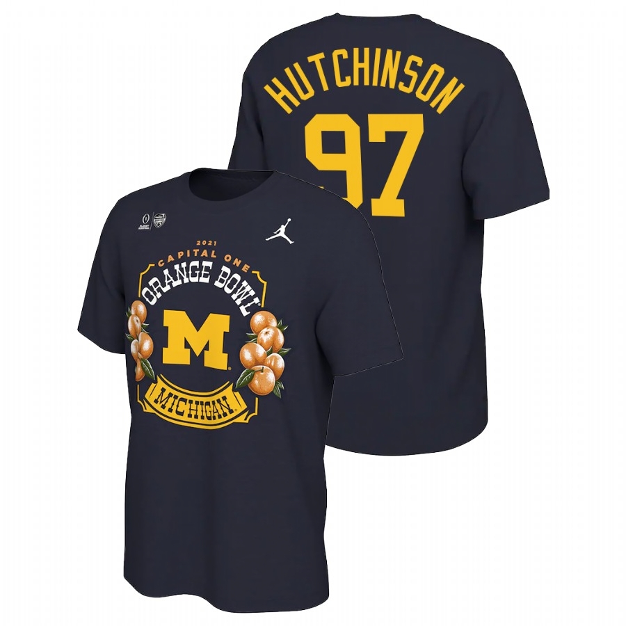 Michigan Wolverines Men's NCAA Aidan Hutchinson #97 Navy 2021 Orange Bowl Locker Room College Football T-Shirt MUS4249ZW